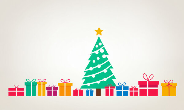 green christmas tree with white ornaments and garlands yellow star brown trunk surrounded by multicolored gift boxes with bows on light surface