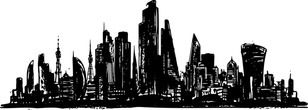 City skyline silhouette of tall skyscrapers and corporate office buildings forming a black urban architectural