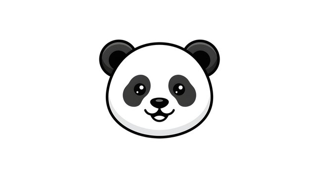 Cute panda face cartoon icon featuring a simple minimalist design with rounded features and black and white colors set against a clean and bright isolated background