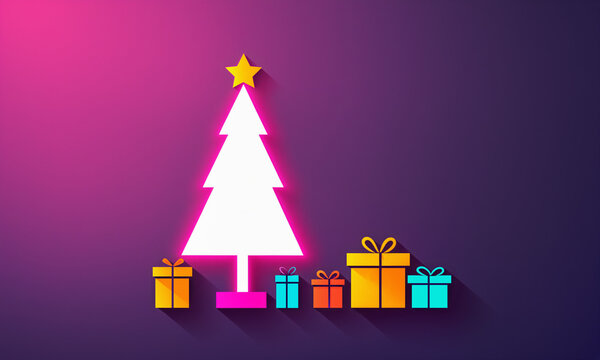 white neon outlined christmas tree with yellow star and five colorful gift boxes on pink to purple gradient background