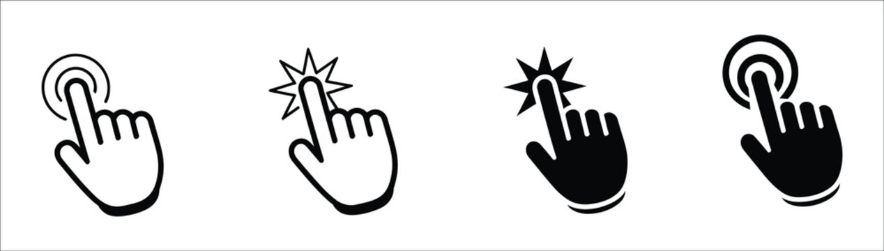 Hand cursor click icon set featuring pointing finger, touch screen gesture, star click effect, and circular ripple symbols for web interface design.