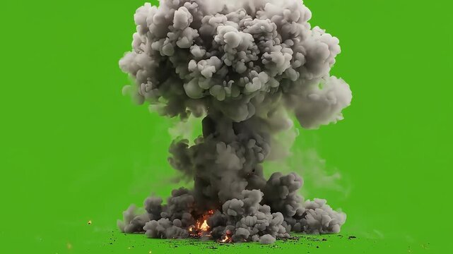 Massive nuclear explosion with rolling thick gray smoke clouds and fiery sparks rising against a bright green screen background for video editing motion footage