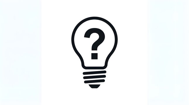Minimalist black lightbulb icon featuring a central question mark inside on a solid white background designed for creative concepts of innovation and problem solving solutions