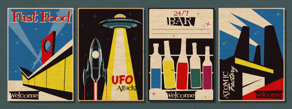 1950s Advertising Posters Atomic Age Style Illustrations. Mid Century Modern Designs, Vintage Colors, Abstract Backgrounds Aged Paper Texture