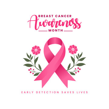 Breast Cancer Awareness Month Vector Greeting Card Design Featuring Pink Ribbon, Floral Wreath, and Cursive Typography on a transparent Background