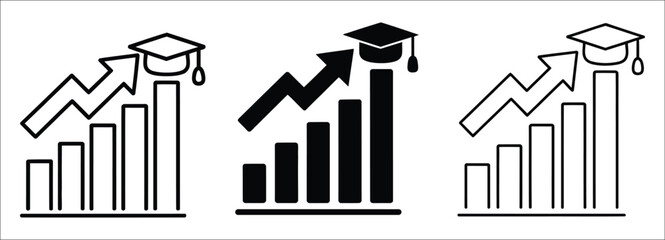 Obraz premium Academic growth bar chart icon set with rising arrow and graduation cap, representing student progress, educational success, and learning performance.