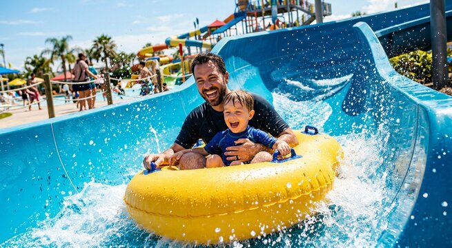 Happy father and son sliding down water slide in yellow inflatable tube, splashing water at water park, summer fun, family vacation.