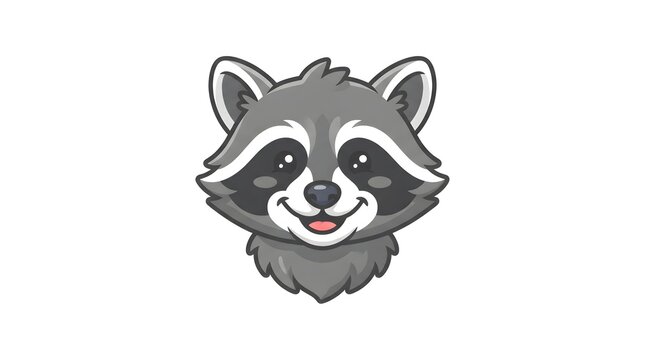 Adorable cartoon raccoon head portrait featuring gray fur and a friendly smiling expression captured in a minimalist flat vector style isolated against a clean white background