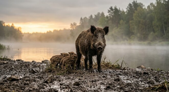 A wild boar sow stands protectively over her small striped piglets on a muddy riverbank during a misty sunrise in the forest, showcasing wild animal family life in their natural habitat.
