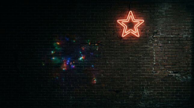 Glowing neon star sign on dark brick wall with reflections