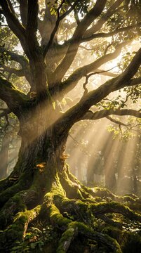 Ancient Moss Covered Tree with Sunbeams in Enchanted Forest