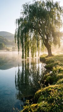Graceful Weeping Willow Tree Reflecting on Misty Lake at Sunrise