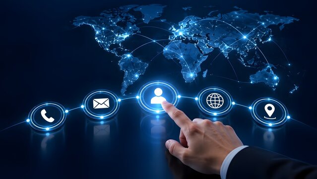 Businessman hand touching interactive global communication interface with contact icons and world map connecting international corporate network