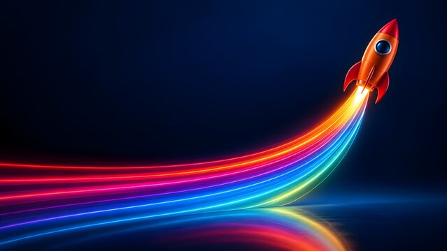 Red toy rocket launching with bright colorful neon light trails representing rapid business startup growth and successful project initiation