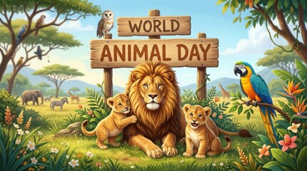 Obraz premium World animal day celebration with a majestic lion family and colorful parrot in a lush savanna