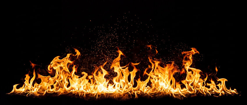Fire flames horizontal border with flying sparks in realistic photography style, glowing orange blaze with fiery embers, ideal for cinematic action banner design and VFX video compositing