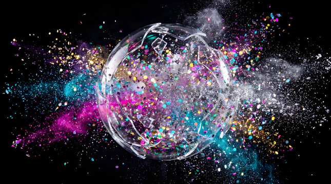 Exploding transparent soap bubble with colorful glitter and smoke glitter explosion abstract explosion sparkling particles dynamic motion transparent sphere rainbow colors liquid art