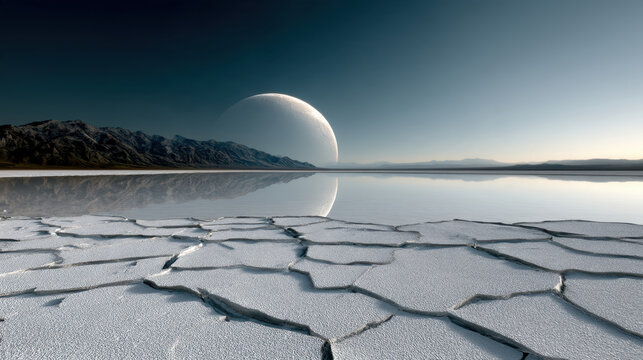 Cracked salt basin alien landscape wide view high fidelity serene distant mountain reflective water surreal planet