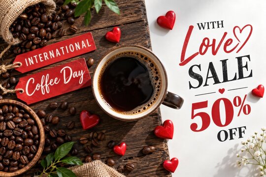 Aromatic coffee cup with beans and sale tag for International Coffee Day celebration during warm morning light