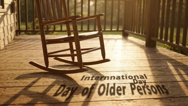 A wooden rocking chair on a sunlit porch with the shadow text "International Day of Older Persons" cast on the floorboards.