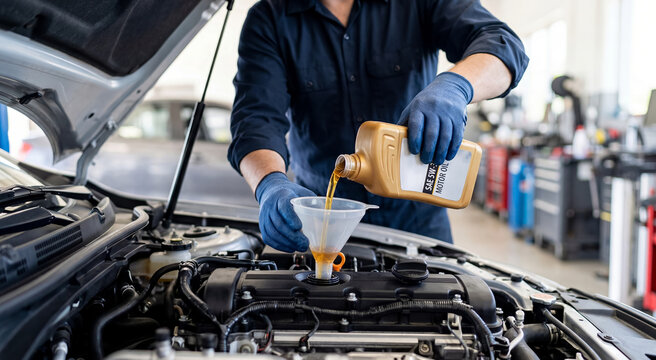 Mechanic pouring fresh engine oil into car through funnel, vehicle engine bay under hood, automotive maintenance service. Car repair, auto shop, lubrication, transport industry.