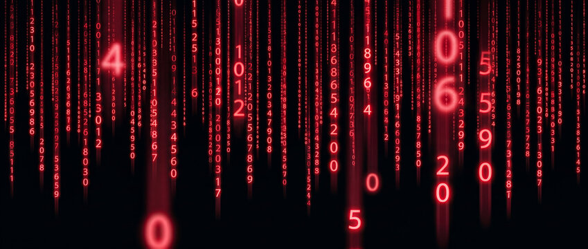 Digital code of falling glowing red numbers in neon vertical streams on a dark background, creating an overlay texture for cybersecurity, programming, and hacking concepts