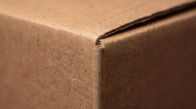 Macro close-up of a brown kraft cardboard box corner showing folded edges, layered paper and natural fiber texture. Detailed recyclable packaging material with a warm organic appearance.