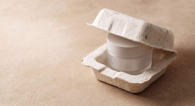 Minimal white cosmetic jar protected inside molded pulp packaging on a warm neutral background. Sustainable product packaging concept with natural fiber texture and generous copy space.