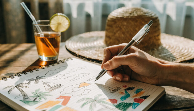 Person drawing in a sketchbook with a straw hat and iced tea on a table