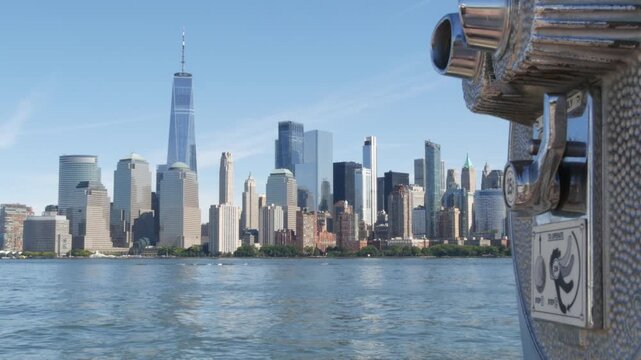 New York City Manhattan Downtown Financial District skyline, World Trade Center from New Jersey Liberty state park, United States. Hudson river waterfront cityscape, skyscraper buildings, tower viewer