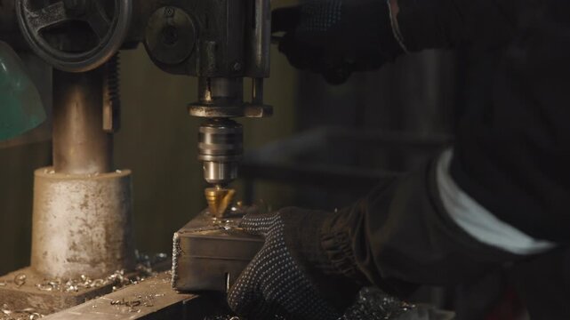 Industrial drill head lowered over small metal workpiece in dim workshop, with worn machine parts, scattered shavings, warm side light, dark blurred background, and gritty precision manufacturing mood