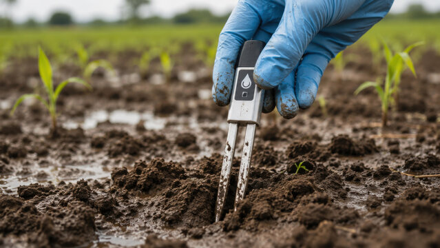 Blue gloved hand holding soil moisture probe inserted into muddy farmland testing agricultural field soil quality with young crop seedlings growing nearby