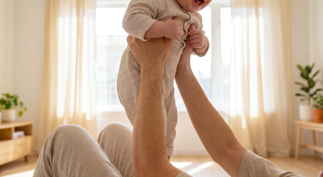 Father lifting happy baby in bright living room, joyful moment of parenthood, sunlit home interior. Family life, parenting, childhood, happiness, domestic lifestyle.