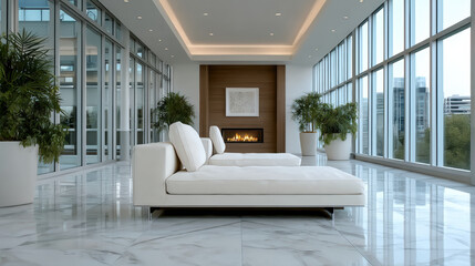 Obraz premium Modern living room with white sofa, marble floor, large windows, indoor plants, fireplace, city view, relaxing atmosphere