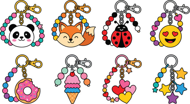 Cute beaded keychain collection with 8 vector charms, colorful animal and food keyrings, kawaii panda fox and ladybug accessories for kids