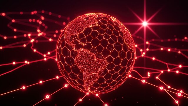 Red globe connected via network. Hexagonal pattern covers surface, bright star shines nearby. Futuristic digital world concept.