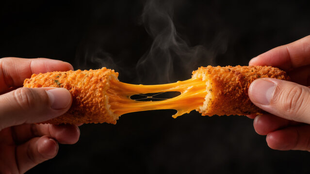 Two hands pulling apart fried cheese stick with melted cheddar cheese pull and steam rising on dark background, crispy golden crust snack