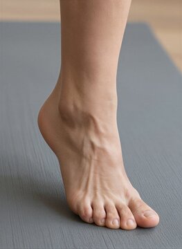 Displays Close Of Adults Foot On To Yoga Mat Skin Tone Light Suggesting Individual Lighter Complexion Caucasian Pores Natural Hair