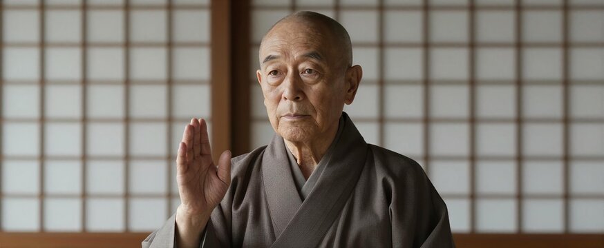 Elderly Asian Man As Main Subject To In Late Sixties Seventies With Bald Head Wrinkles On Face Indicating Maturity Dark Eyes Convey