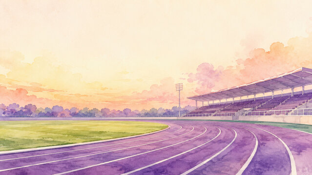 Watercolor illustration of empty purple running track curving through stadium with soft sunset sky tones and large copy space above sports background