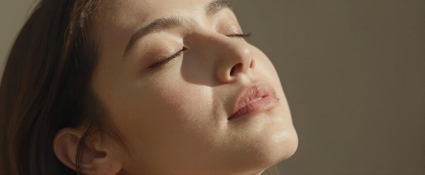 Captures Close Of Individuals Face In Profile Against Blurred Background Natural Light Person Young With Eyes Gently Closed As Savoring