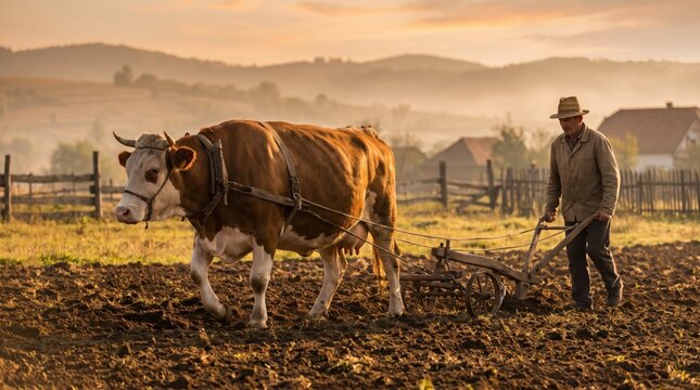 A farmer working in a misty field with a brown and white ox pulling a wooden plow at dawn