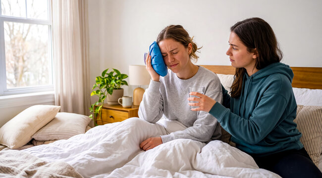 Sick woman sitting in bed holding cold compress to forehead while friend offers glass of water, bedroom setting, caregiving and wellness concept.