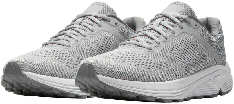 Pair of grey mesh athletic running shoes side view.