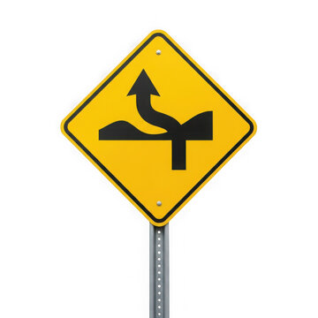 Yellow traffic sign indicating a sharp right turn ahead on a roadway. isolated on transparent background