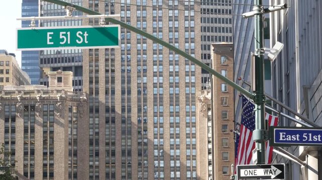 New York City Park Avenue, 53 street sign in Manhattan Midtown, United States. American urban road sign, traffic sign in NYC, USA. Building architecture near Grand Central. Central business district.