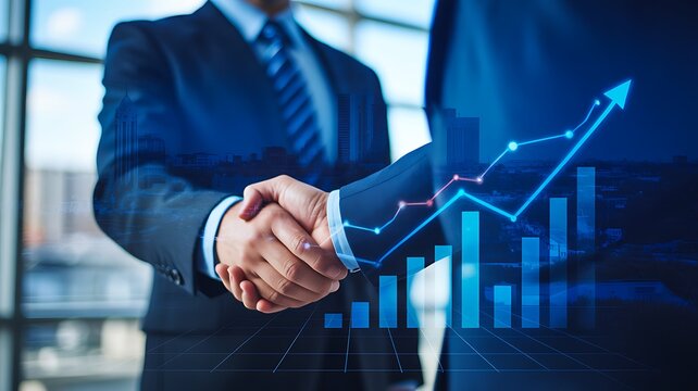 Business handshake with rising growth chart representing partnership and financial success