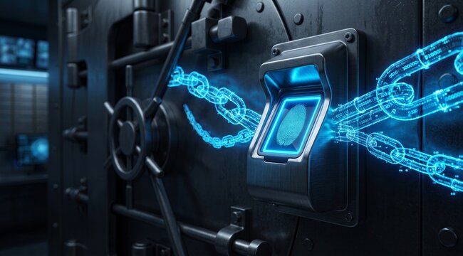 Futuristic digital fingerprint scanner on heavy metal vault door with glowing blue blockchain links and binary code data stream. Cyber security, encryption technology, data protection.