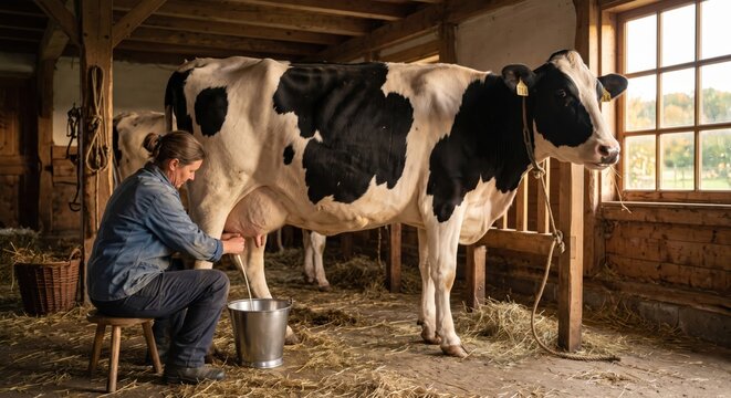 A female farmer sitting on a wooden stool inside a rustic barn, hand-milking a black and white holstein cow into a metal bucket, with straw on the floor and natural light from a window