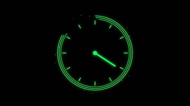 Futuristic neon green clock animation on black background. Glowing digital timer with rotating hands and circular loading progress bar. High-tech interface element for countdowns and time